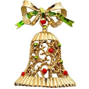 Gerry's Christmas Bell Brooch Gold Red Green Enamel Holiday Pin Vintage 1970s